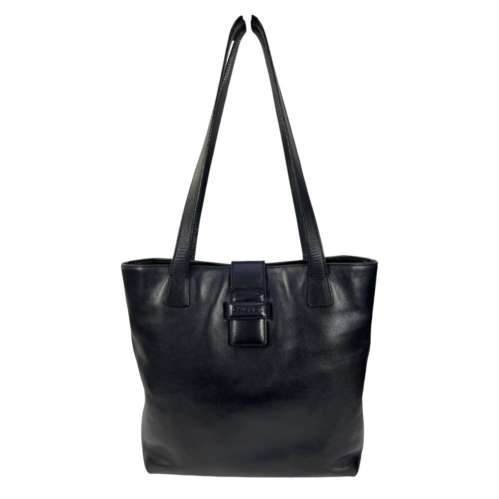 Chanel Black Leather Logo Tab Tote Shoulder Bag Vintage Made In Italy Minimalist